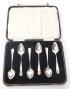 A cased set of six George III Old English teaspoons, initialled, London 1806, makers mark rubbed