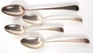 Group of four Georgian base marked spoons, marks rubbed, 290gms