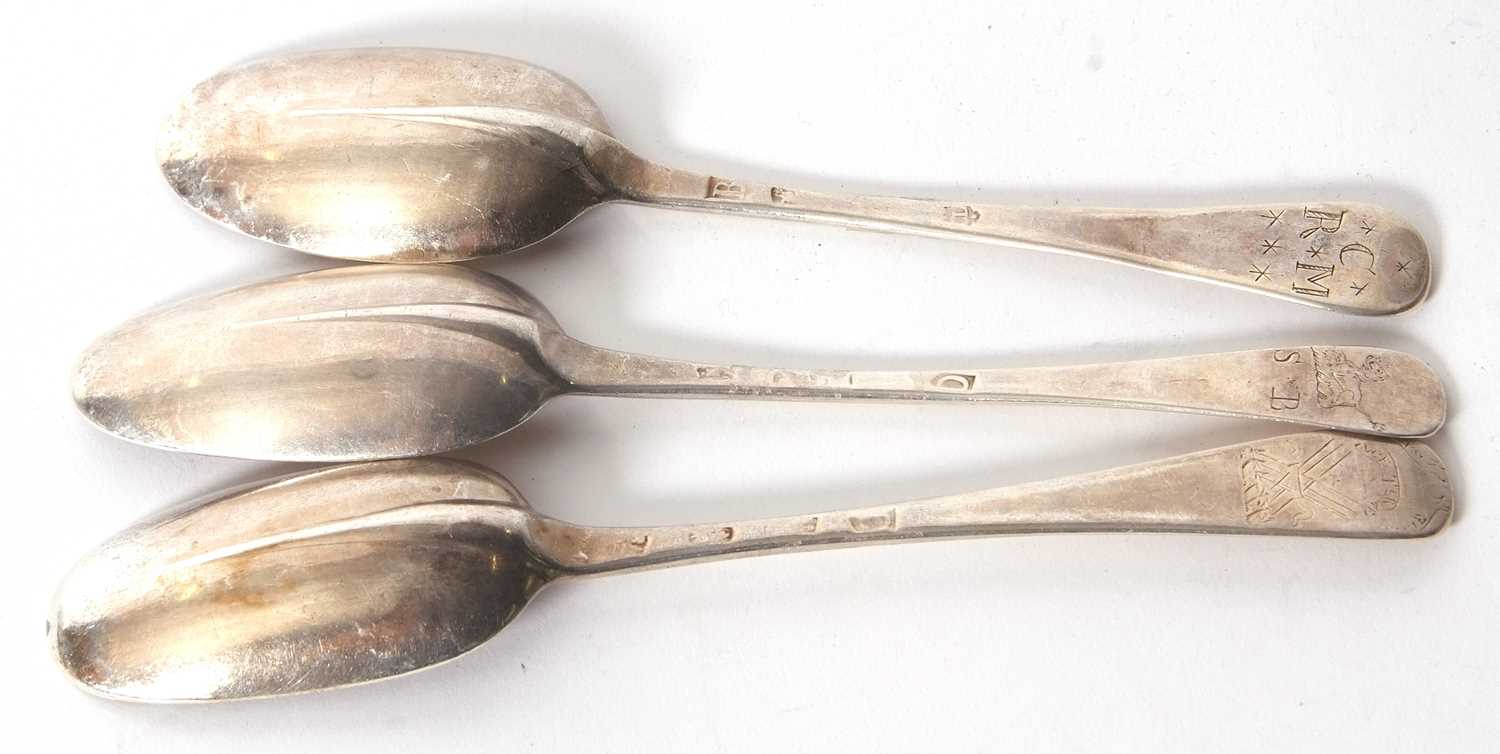 Three Georgian Hanovarian rat tail spoons, base marked, engraved with initials and crests, marks - Image 2 of 4