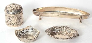 Mixed Lot: An Edwardian boat shaped pen stand, Birmingham 1900, makers mark rubbed, a Victorian