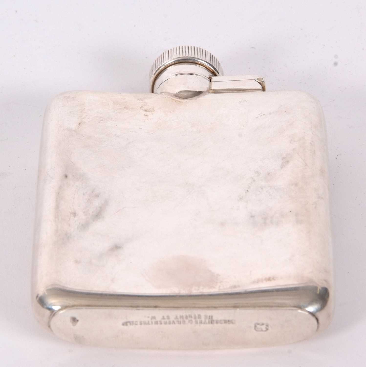 A spirit flask of plain slightly curved rectangular form engraved with initials "H.R" with hinged - Image 3 of 5