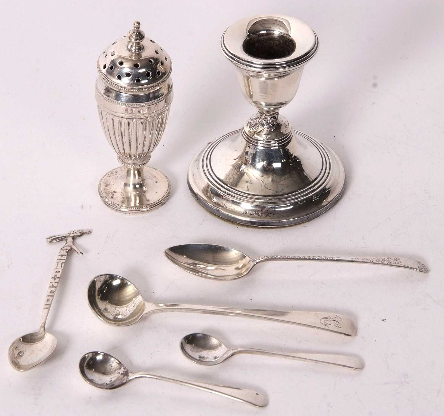 Mixed Lot: A single silver small dressing table stick, a Georgian silver mustard spoon, two small