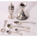 Mixed Lot: A single silver small dressing table stick, a Georgian silver mustard spoon, two small