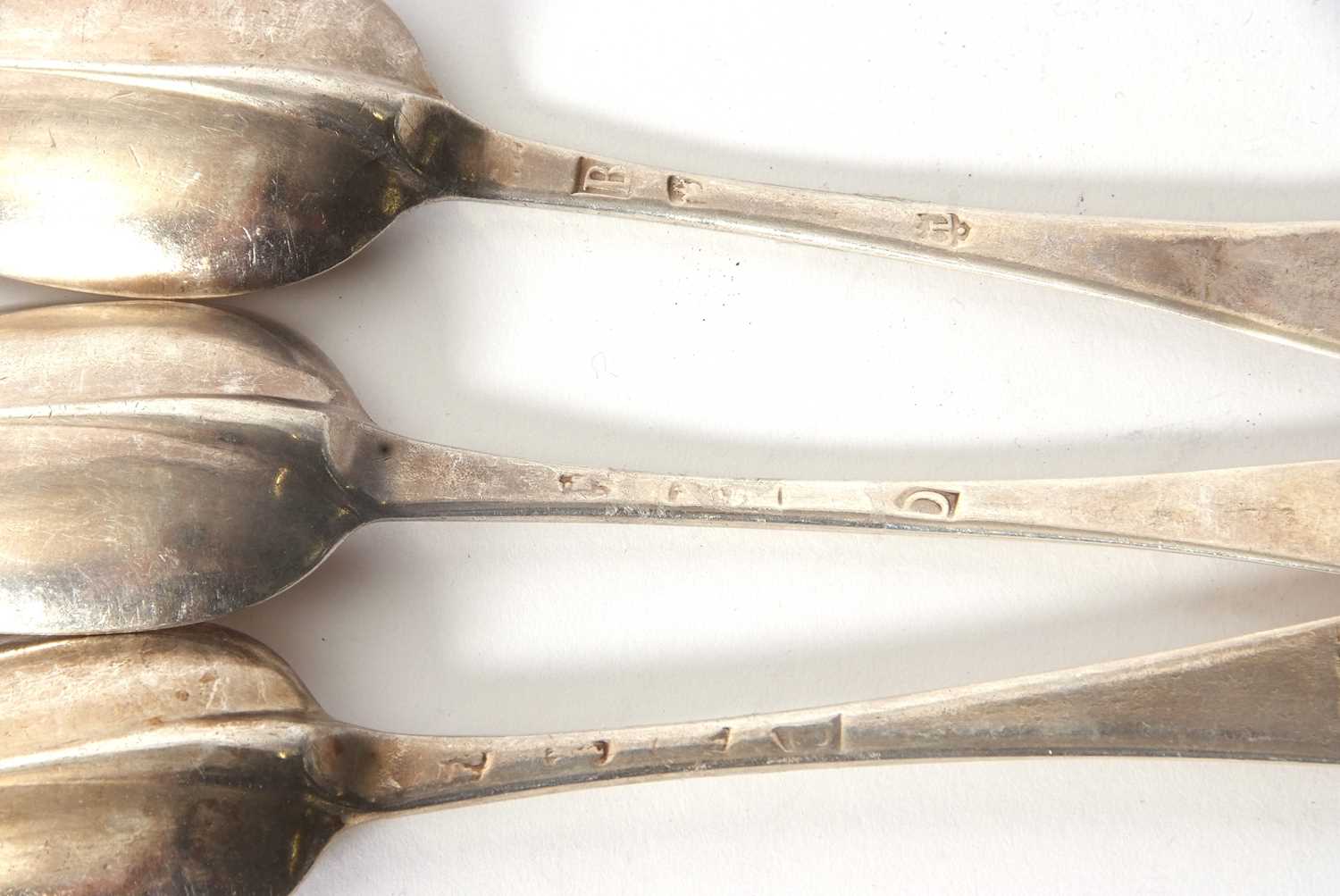 Three Georgian Hanovarian rat tail spoons, base marked, engraved with initials and crests, marks - Image 3 of 4