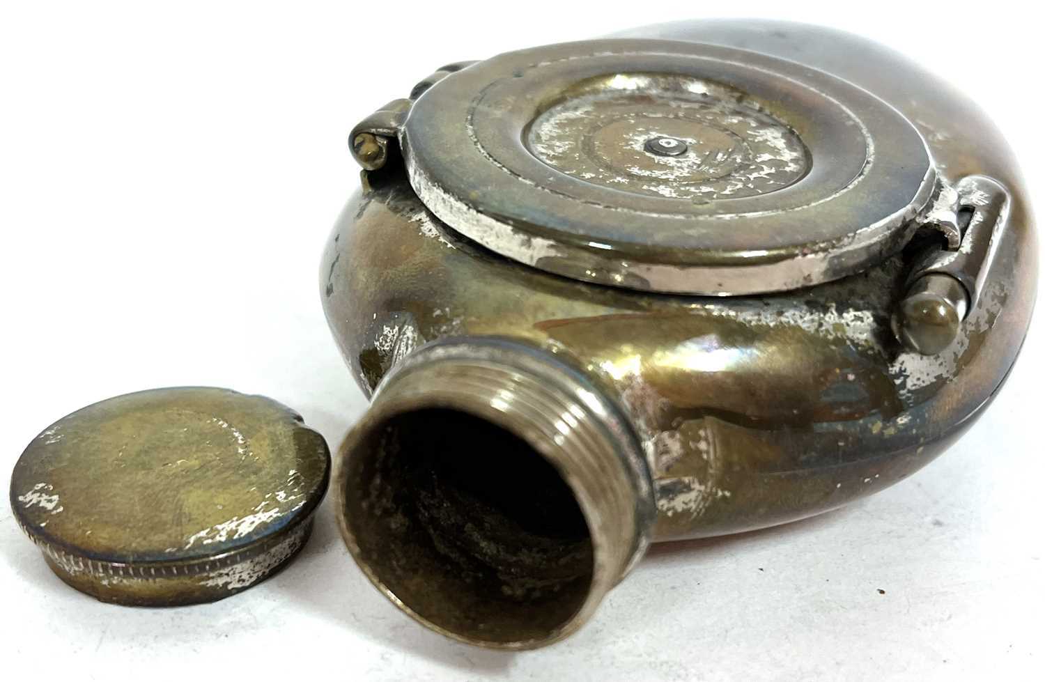 An antique nickel plated brass pocket spittoon having a hinged flip top lid to reveal spittoon - Image 7 of 7