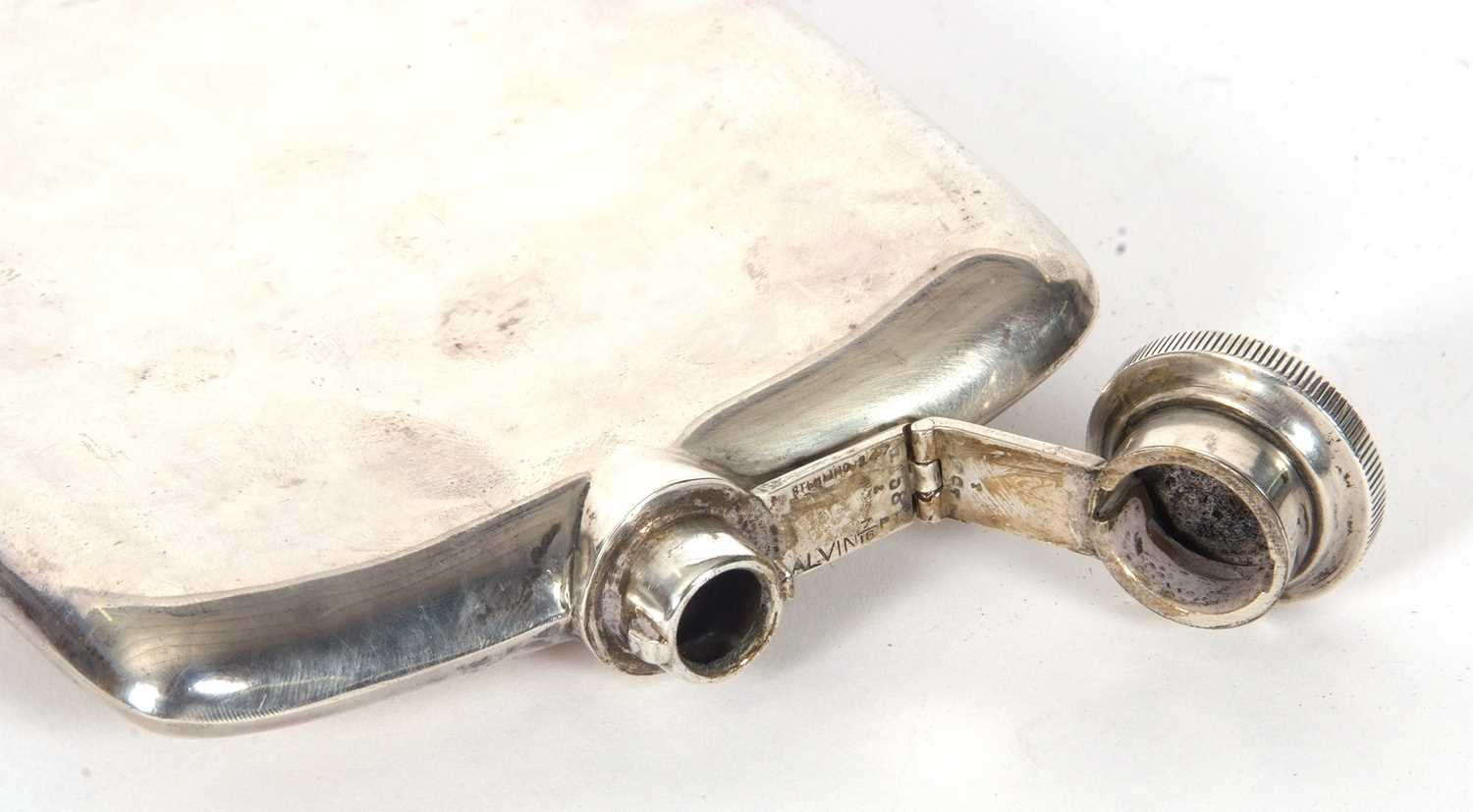 A vintage white metal spirit flask of slightly curved rectangular form, plain polished with engraved - Image 6 of 6