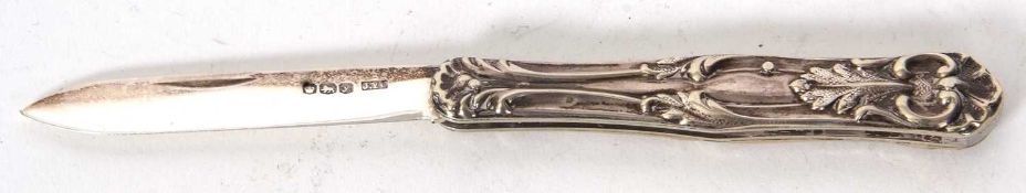 A George VI silver bladed folding fruit knife with elaborately embossed case, hallmarked Sheffield