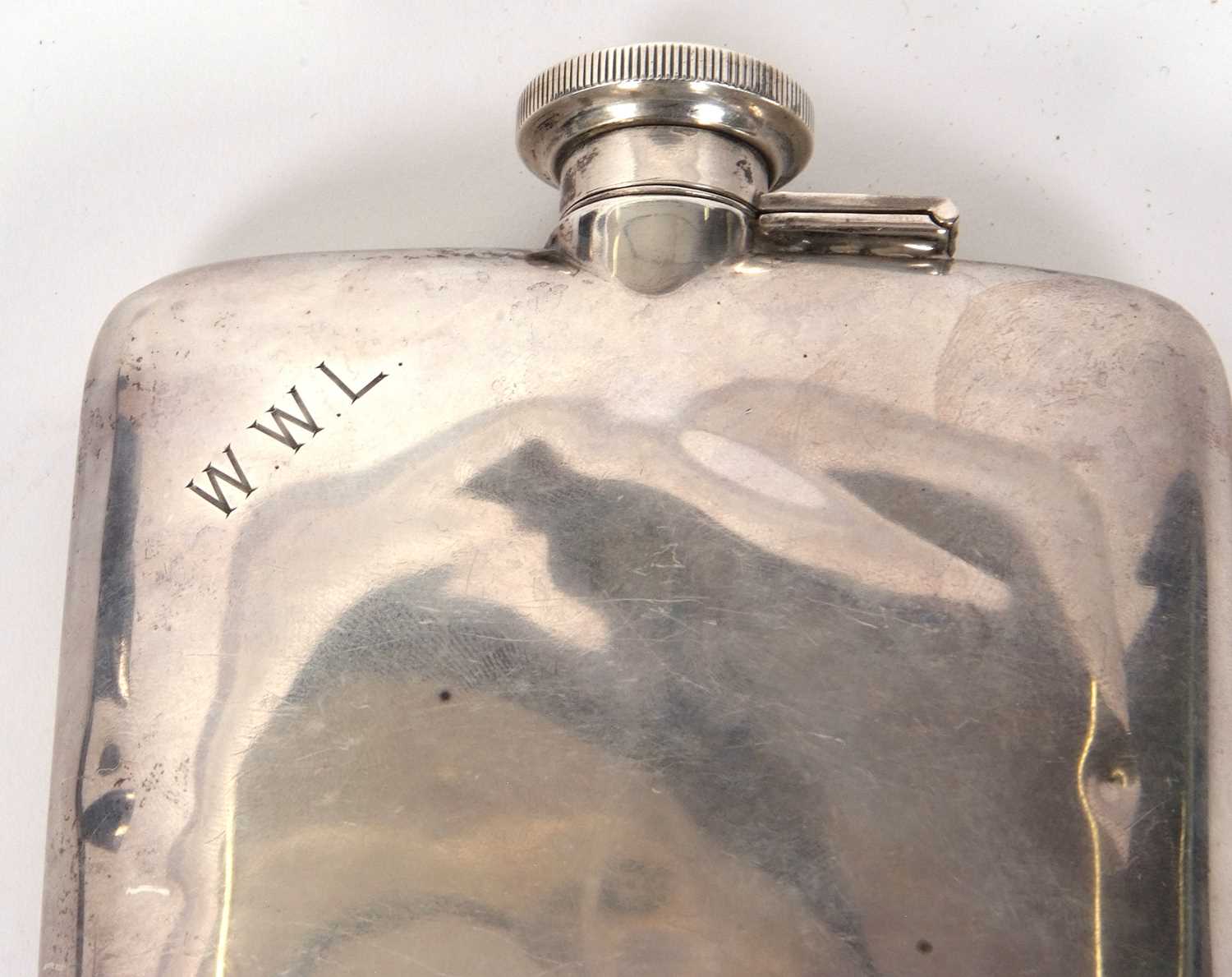 A vintage white metal spirit flask of slightly curved rectangular form, plain polished with engraved - Image 2 of 6