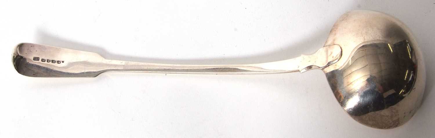 A George IV silver fiddle pattern soup ladle, engraved and initialled, hallmarked London 1825, - Image 3 of 4