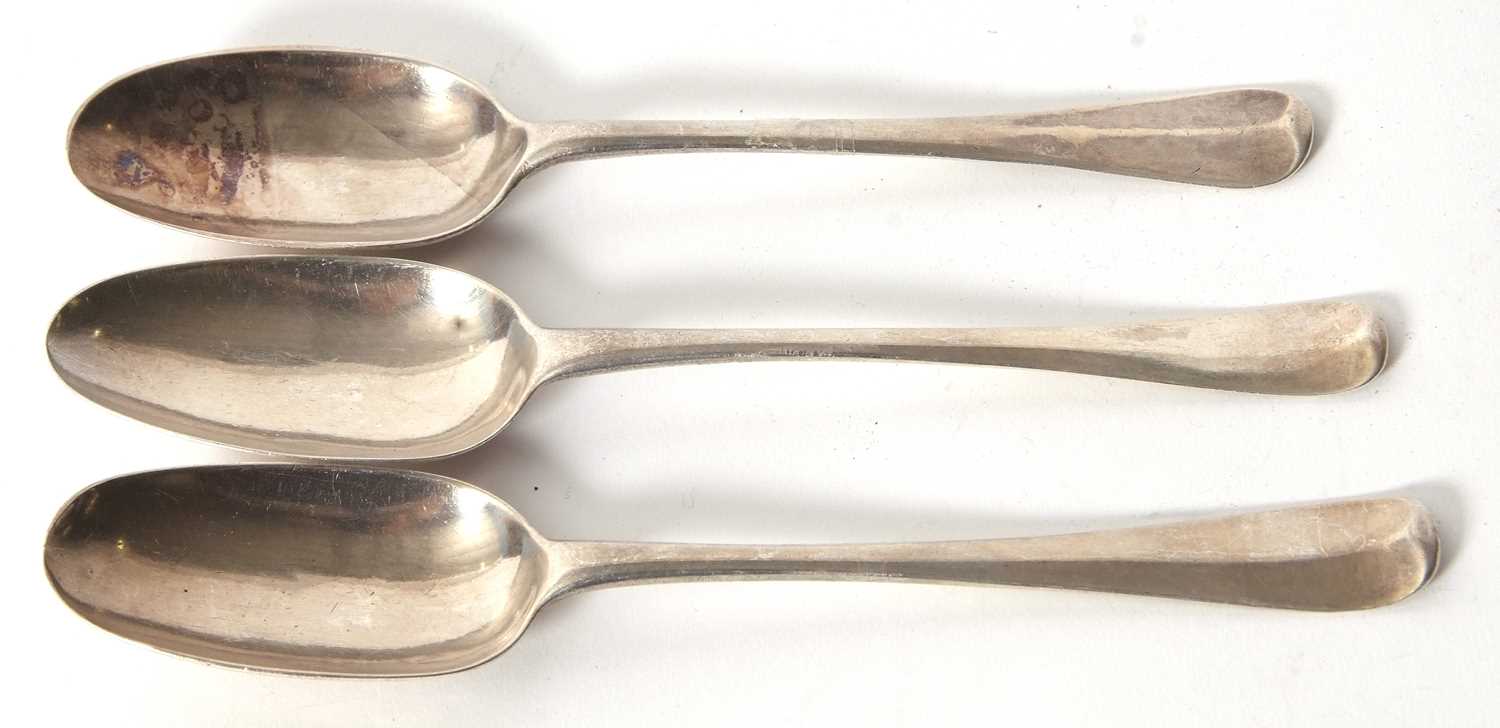 Three Georgian Hanovarian rat tail spoons, base marked, engraved with initials and crests, marks