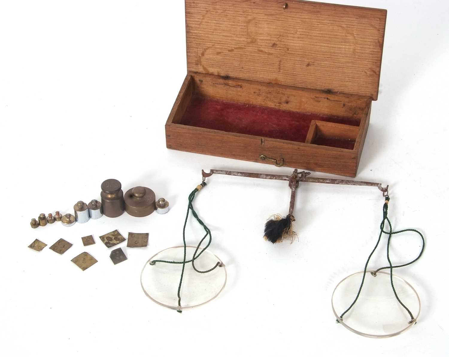 Box set of apothecary scales with glass pans, strings and weights and balance beams - Image 4 of 4