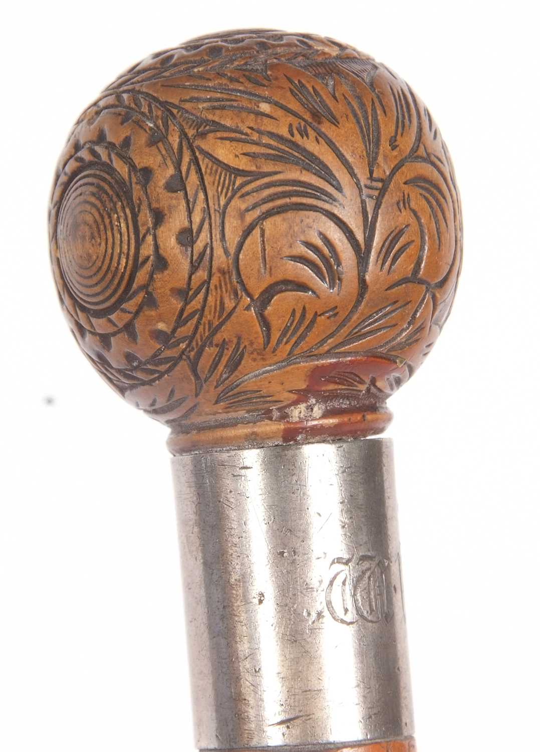 An antique walking stick with ball finial, carved with foliate and geometric designs with a metal - Image 8 of 10