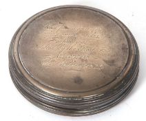 An early 19th Century round box/paper weight, the pull off lid engraved "Cast from a part of the