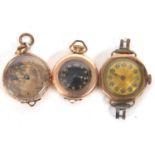 Two gold plated fob watches along with a 9ct gold lady's wristwatch which is stamped inside of the