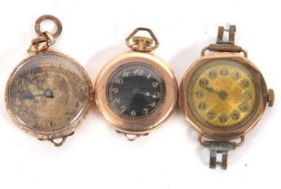 Two gold plated fob watches along with a 9ct gold lady's wristwatch which is stamped inside of the