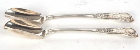 Pair of late Victorian Kings pattern silver stilton scoops, engraved with a bird above initials,