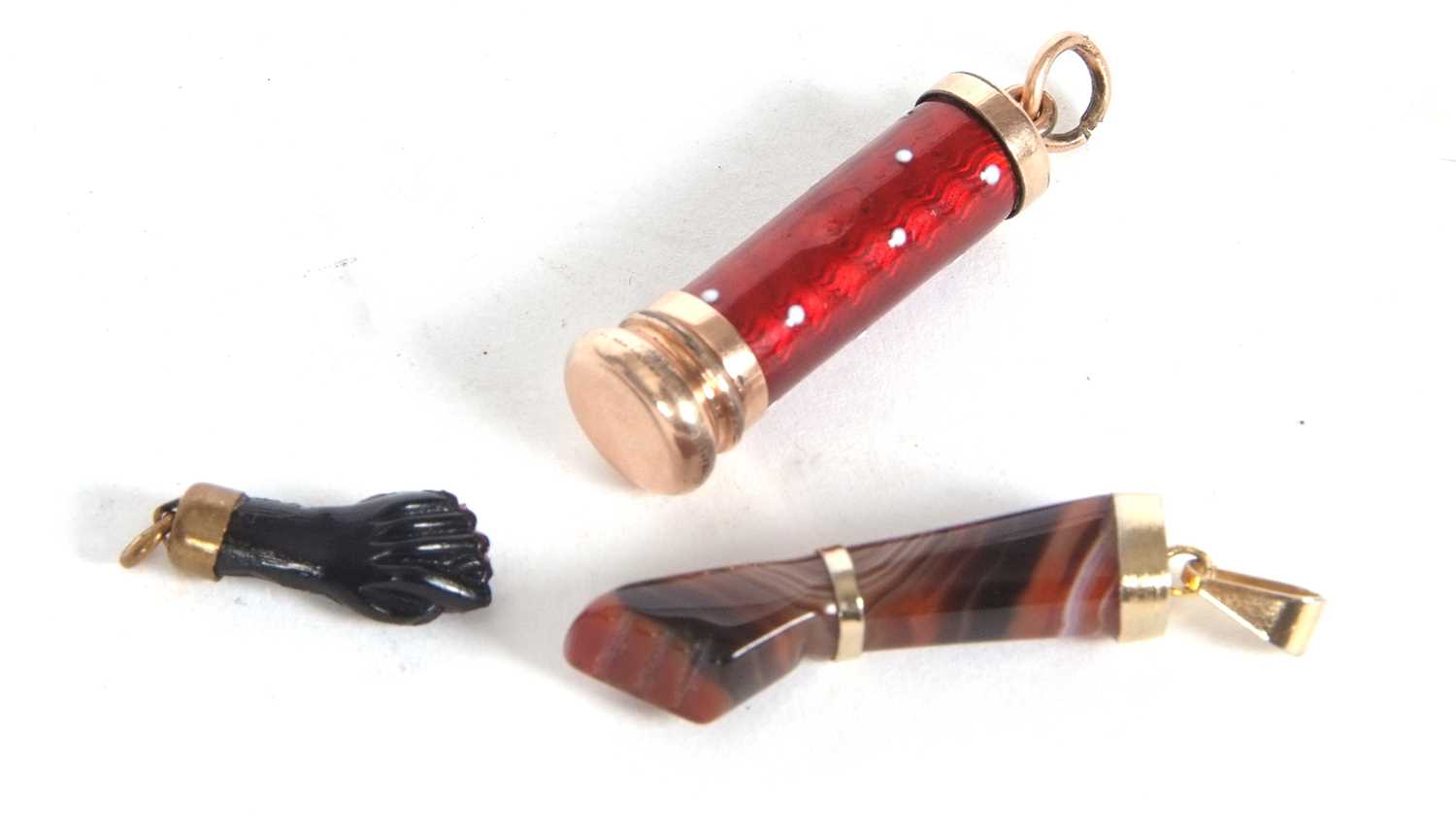Mixed Lot: An antique enamel extending telescope pencil charm together with two figure Good Luck - Image 2 of 9