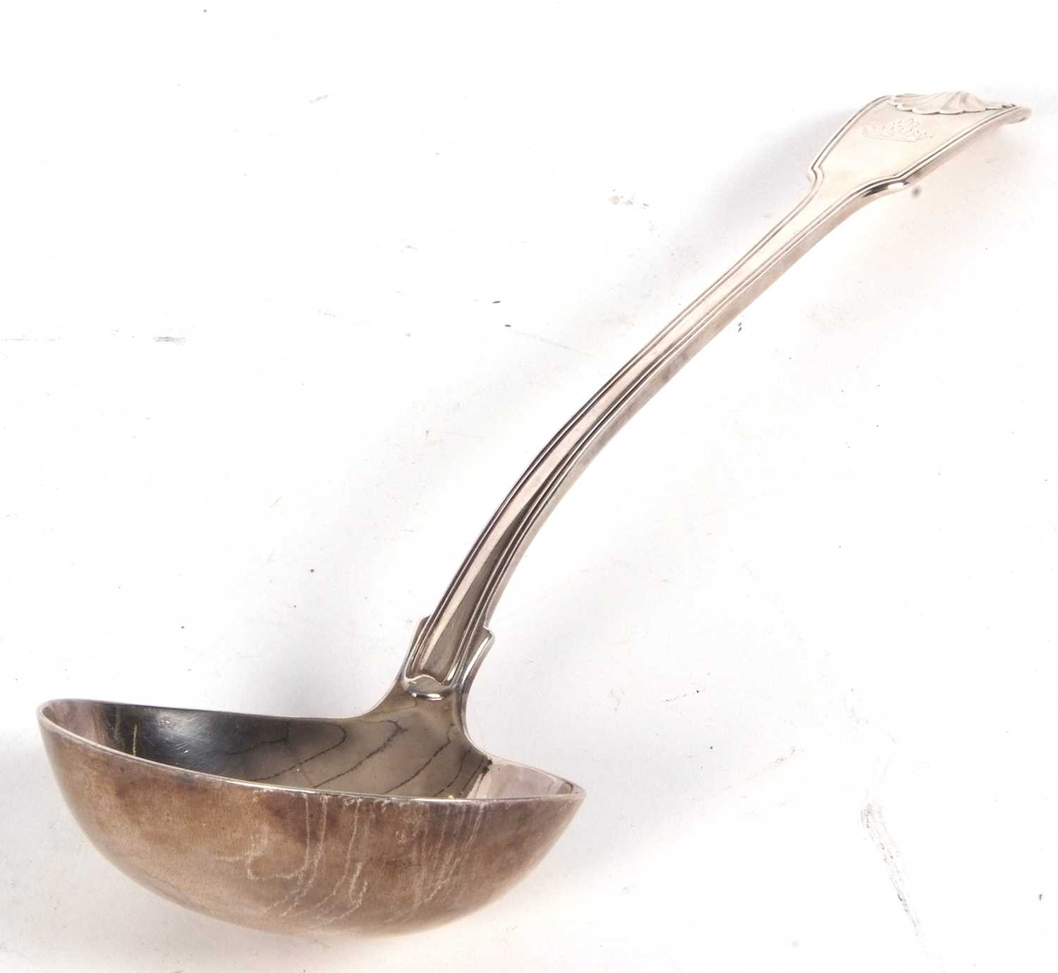 A Victorian silver fiddle, thread and shell pattern soup ladle having an oval bowl and engraved with - Image 2 of 5
