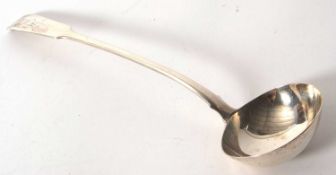 A George IV silver fiddle pattern soup ladle, engraved and initialled, hallmarked London 1825,
