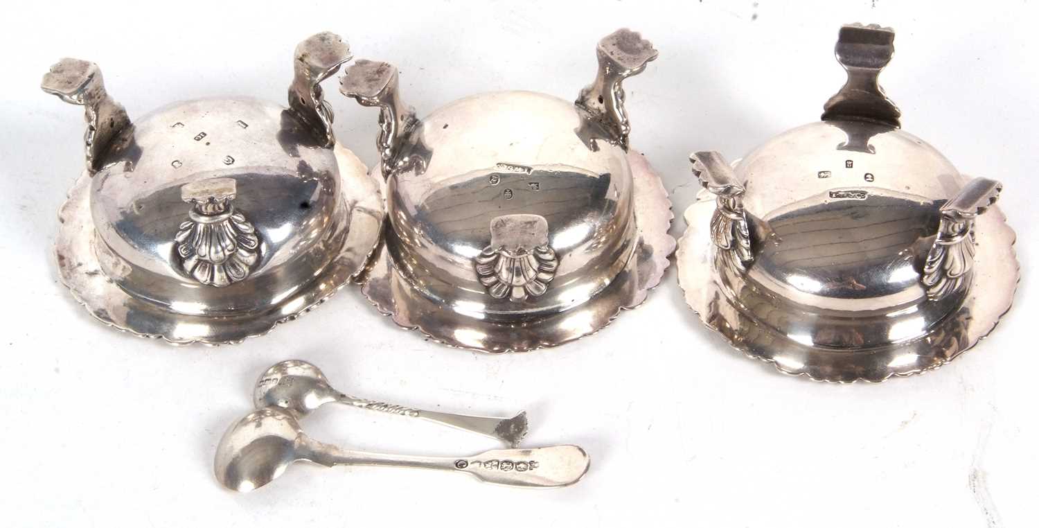 Three Georgian silver cauldron salt cellars having plain bodies with cast border of shells, - Image 5 of 7