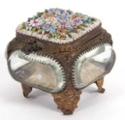 Vintage micro-mozaic lidded glass casket having gilt metal frame and legs, 6,5 x 6cm