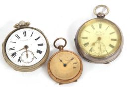 A mixed lot of three pocket watches, two of which are base metal and one is white metal stamped 0.