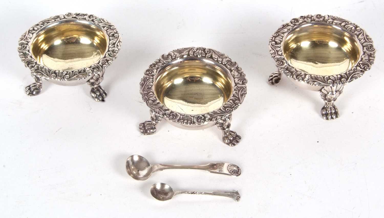 Three Georgian silver cauldron salt cellars having plain bodies with cast border of shells, - Image 2 of 7