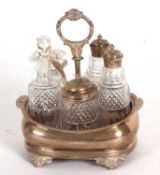 A Georgian silver framed five bottle cruet set, boat shaped and applied gadrooned and shell rim,