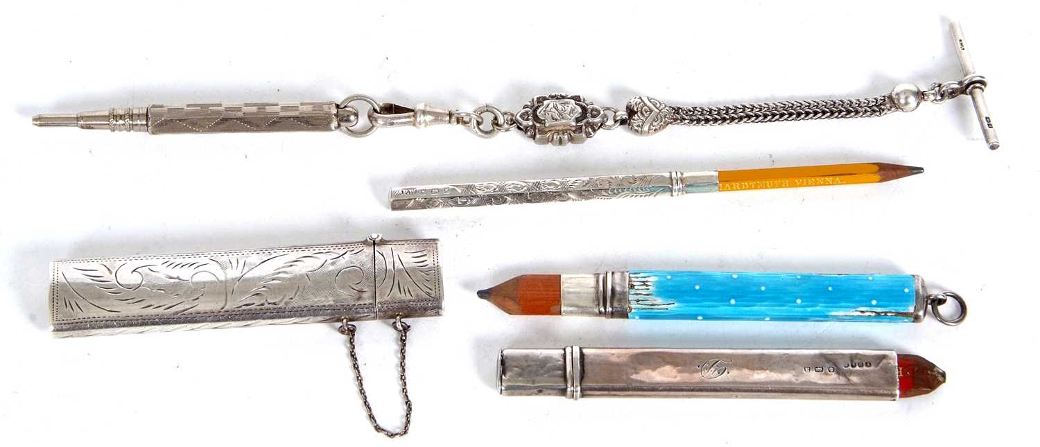 Mixed Lot: An enamel cased pencil holder marked sterling (enamel losses), a 925 marked pencil - Image 2 of 6