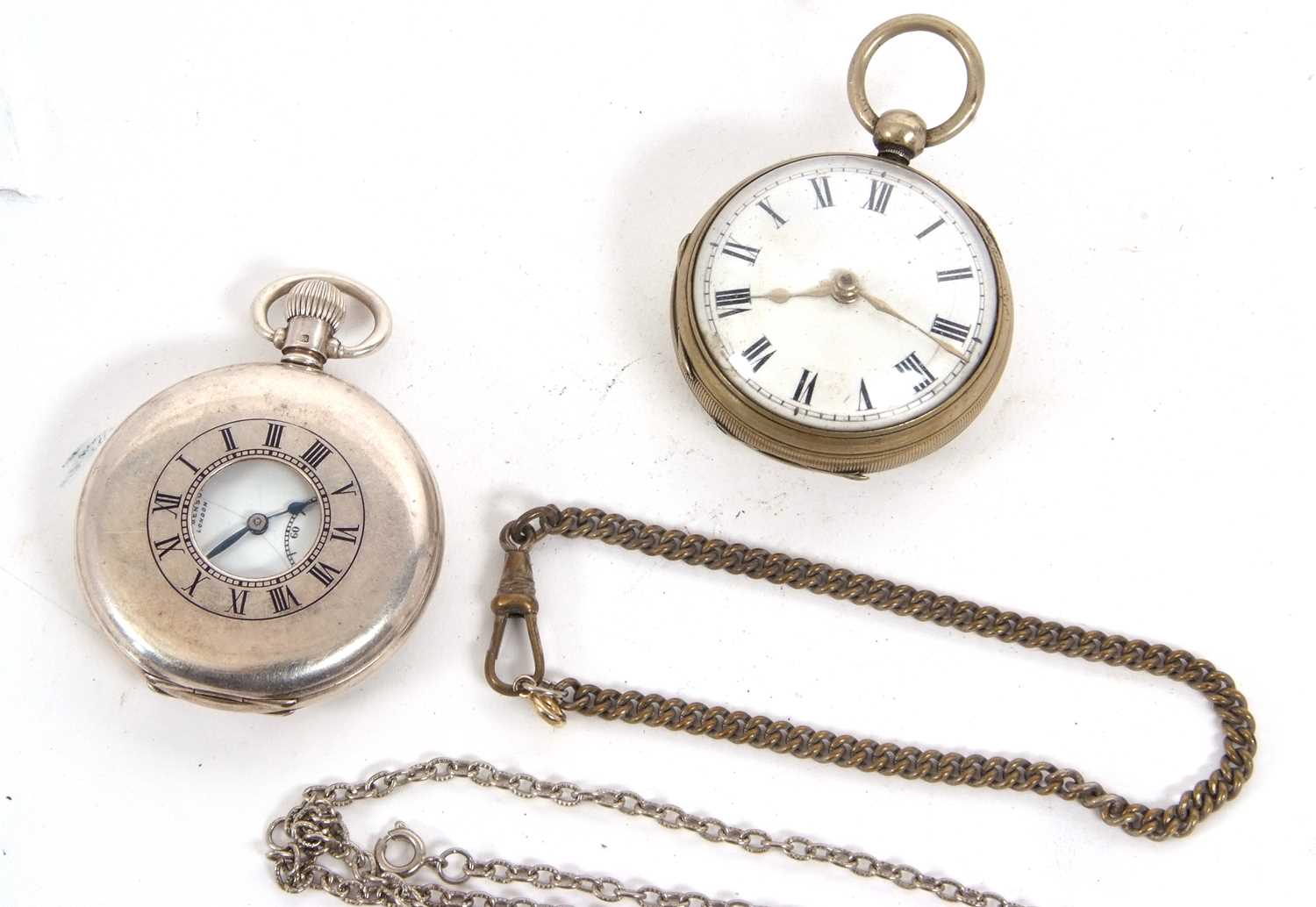 A mixed lot of two pocket watches and three metal chains, one of the pocket watches is a silver J - Image 2 of 2