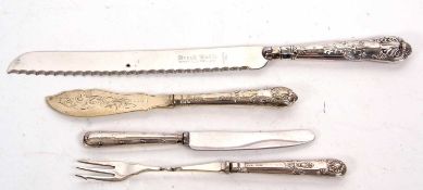 Mixed Lot: A silver Kings pattern handled bread knife, a silver handled pickle fork and butter knife