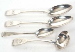 Two Victorian silver fiddle pattern table spoons engraved with initials and hallmarked for London