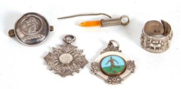 Mixed Lot: A silver sports fob, a football medal with enamel detail, engraved 1957, a Chinese