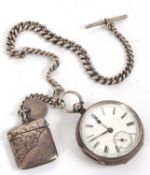 A silver pocket watch with silver albert chain and vesta case, all which are hallmarked for