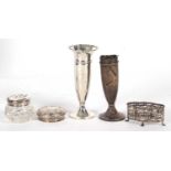 Mixed Lot: Hallmarked silver pierced cruet frame, a loaded silver trumpet vase, 13.5cm tall, glass