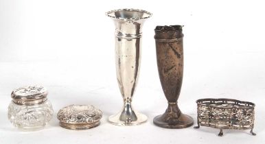 Mixed Lot: Hallmarked silver pierced cruet frame, a loaded silver trumpet vase, 13.5cm tall, glass
