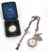 Two white metal lady's pocket watches and a chain the case backs are both stamped 0.935 on the
