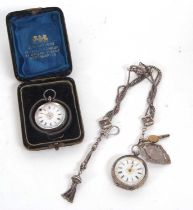 Two white metal lady's pocket watches and a chain the case backs are both stamped 0.935 on the