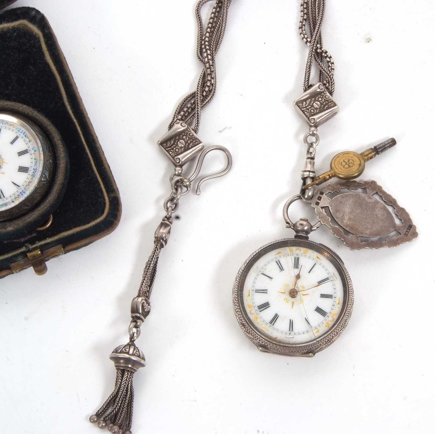 Two white metal lady's pocket watches and a chain the case backs are both stamped 0.935 on the - Image 4 of 8