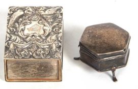 Mixed Lot: Victorian large embossed silver matchbox sleeve, embossed with masks, birds, flowers