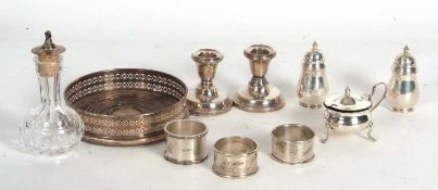Mixed Lot: A hallmarked silver wine coaster, having a pierced frame and turned treen centre,