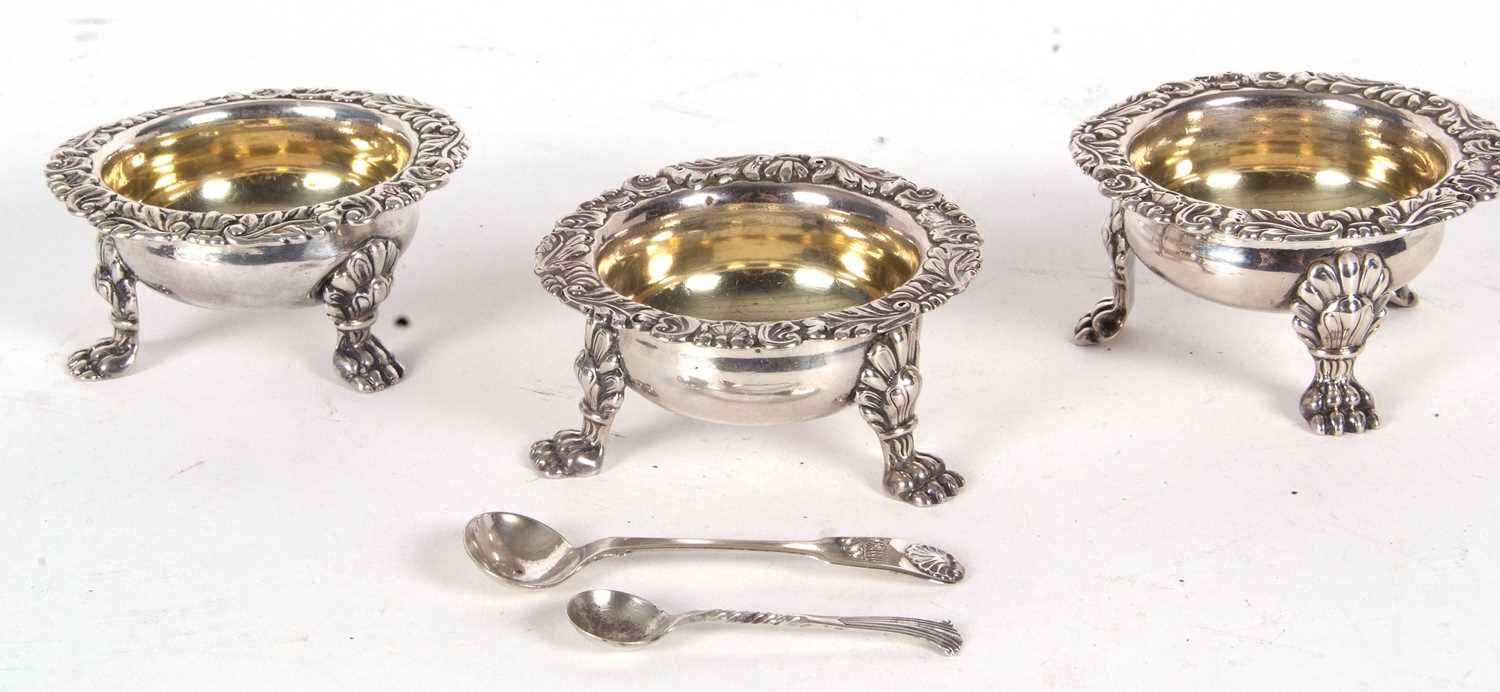 Three Georgian silver cauldron salt cellars having plain bodies with cast border of shells, - Image 3 of 7