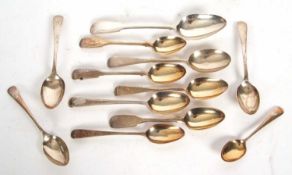 Group to include four Georgian teaspoons and Georgian dessert spoon, four Georgian teaspoons and a