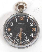 A Helvita military pocket watch, the watch has a black dial with Arabic numeral hour markers and has