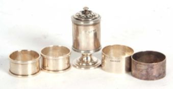 Mixed Lot: A Georgian silver caster of cylindrical pedestal form with reeded bands, engraved with