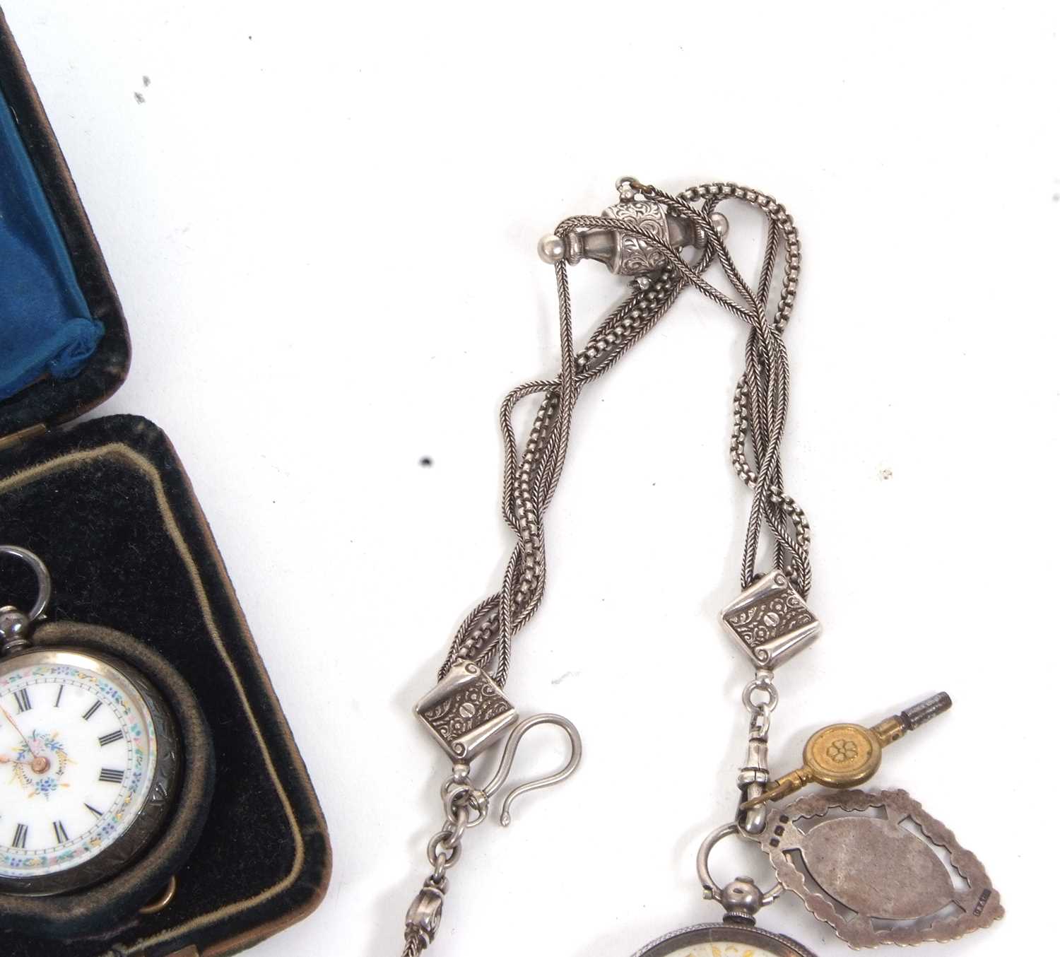 Two white metal lady's pocket watches and a chain the case backs are both stamped 0.935 on the - Image 3 of 8