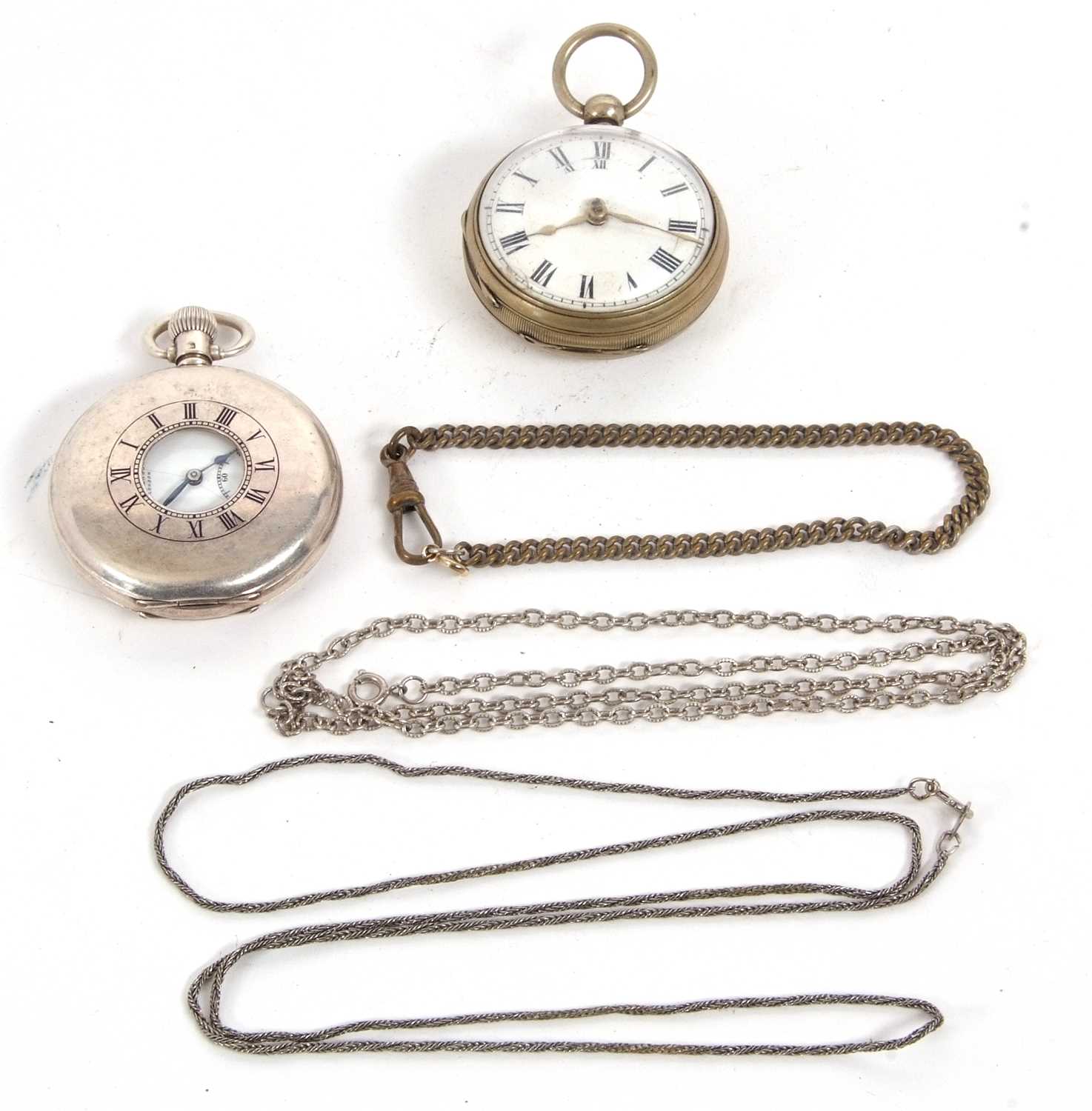 A mixed lot of two pocket watches and three metal chains, one of the pocket watches is a silver J