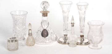 Group of cut glass to include a ships decanter with hallmarked silver collar, Birmingham 1975 having