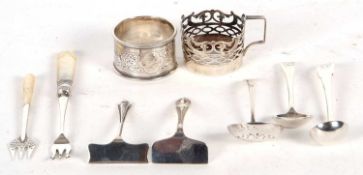 Mixed Lot: Silver serviette ring, two Georgian silver long handled mustard spoons, pierced silver