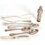 Mixed Lot: A Georgian long handle mustard spoon, Exeter 1805, two silver butter knives and a